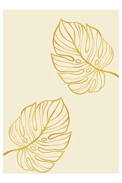 Harikabirev HARİKABİREV|KREM-GOLD TROPİK YAPRAKLAR KOMBİNİ |ÇERÇEVELİ CAM TABLO 3LÜ DİKEY - 3