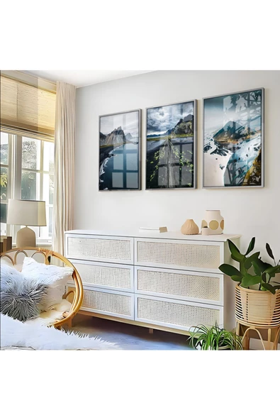 Harikabirev HARİKABİREV|MAVİ-YEŞİL DAĞ/DENİZ MANZARA KOMBİNİ |ÇERÇEVELİ CAM TABLO  3LÜ DİKEY ürün görseli