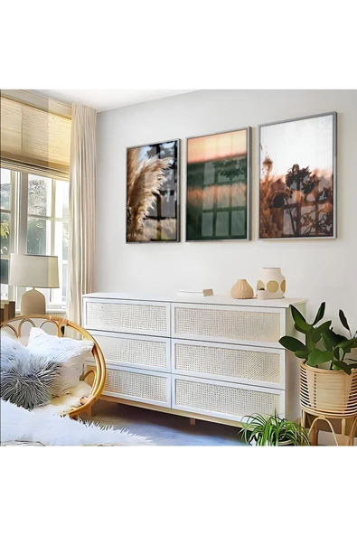 Harikabirev HARİKABİREV|KAHVERENGİ TONLAR SOFT BİTKİ KOMBİNİ |ÇERÇEVELİ CAM TABLO  3LÜ DİKEY ürün görseli