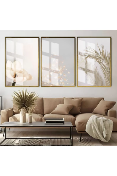 Harikabirev HARİKABİREV|BEYAZ-GRİ SOFT ÇİÇEKLER KOMBİNİ |ÇERÇEVELİ CAM TABLO  3LÜ DİKEY ürün görseli