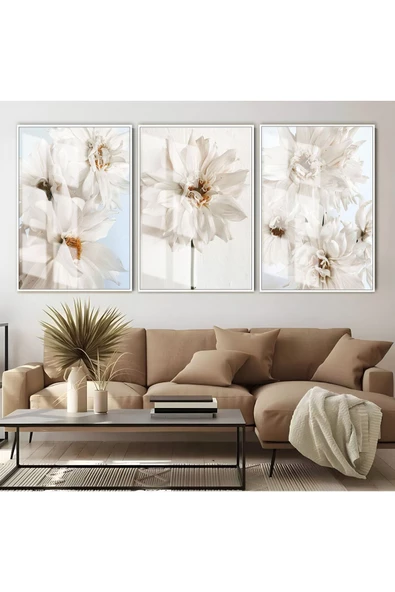 Harikabirev HARİKABİREV|BEYAZ ÇİÇEKLER KOMBİNİ 01 |ÇERÇEVELİ CAM TABLO  3LÜ DİKEY ürün görseli