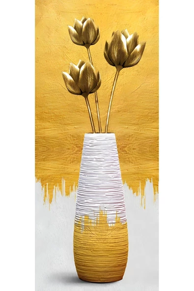 Harikabirev HARİKABİREV|BEYAZ-GOLD VAZOLU ÇİÇEK KOMBİNİ |ÇERÇEVELİ CAM TABLO  3LÜ DİKEY - Resim 4