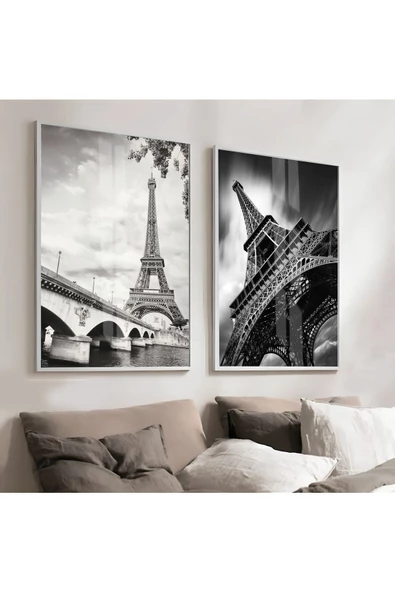 Harikabirev HARİKABİREV|SİYAH-BEYAZ RENK EYFEL KULESİ MANZARALI KOMBİN|ÇERÇEVELİ CAM TABLO  2Lİ DİKEY ürün görseli