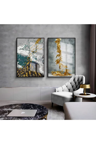 Harikabirev HARİKABİREV|MAVİ-GOLD BALIK-DAL KOMBİNİ 01 |ÇERÇEVELİ CAM TABLO  2Lİ DİKEY ürün görseli