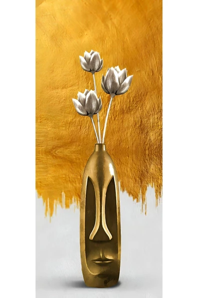 Harikabirev HARİKABİREV|BEYAZ-GOLD VAZOLU ÇİÇEK KOMBİNİ |ÇERÇEVELİ CAM TABLO  3LÜ DİKEY - Resim 3