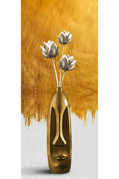 Harikabirev HARİKABİREV|BEYAZ-GOLD VAZOLU ÇİÇEK KOMBİNİ |ÇERÇEVELİ CAM TABLO  3LÜ DİKEY - Resim 2