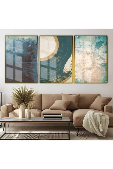 Harikabirev HARİKABİREV|MAVİ-YEŞİL PLAK/SOYUT KOMBİN |ÇERÇEVELİ CAM TABLO 3LÜ DİKEY