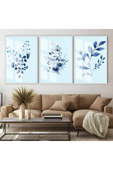 Harikabirev HARİKABİREV|LACİVERT-MAVİ ÇİÇEK DESENLERİ KOMBİNİ |ÇERÇEVELİ CAM TABLO  3LÜ DİKEY ürün görseli