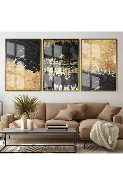 Harikabirev HARİKABİREV|SİYAH-GOLD SOYUT KOMBİN 02 |ÇERÇEVELİ CAM TABLO 3LÜ DİKEY