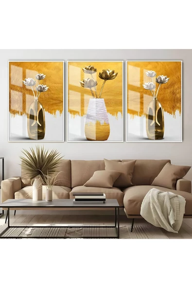 Harikabirev HARİKABİREV|BEYAZ-GOLD VAZOLU ÇİÇEK KOMBİNİ |ÇERÇEVELİ CAM TABLO  3LÜ DİKEY ürün görseli
