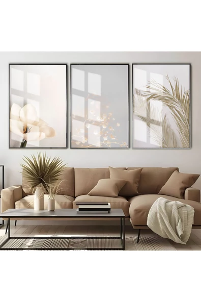 Harikabirev HARİKABİREV|BEYAZ-GRİ SOFT ÇİÇEKLER KOMBİNİ |ÇERÇEVELİ CAM TABLO  3LÜ DİKEY ürün görseli