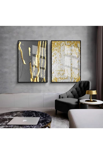 Harikabirev HARİKABİREV|SİYAH-GOLD-BEYAZ SOYUT KOMBİNİ 001 |ÇERÇEVELİ CAM TABLO  2Lİ DİKEY ürün görseli