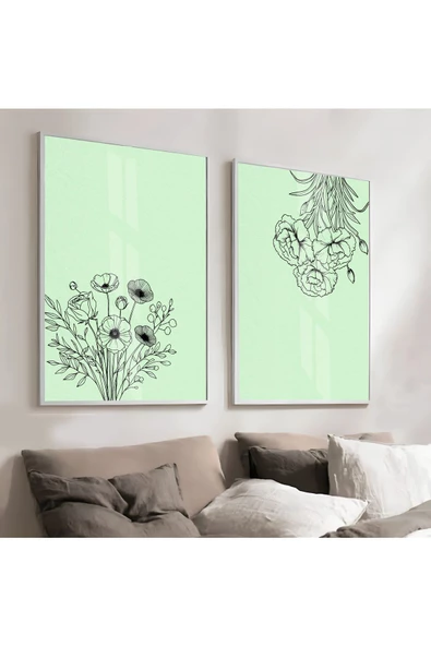 Harikabirev HARİKABİREV|YEŞİL-SİYAH RENK SOYUT ÇİÇEK DEMET KOMBİNİ |ÇERÇEVELİ CAM TABLO 2Lİ DİKEY