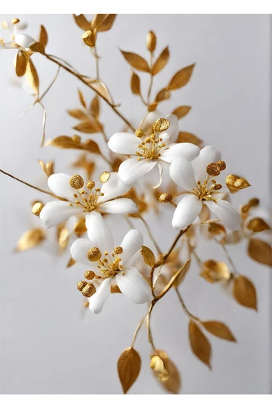 Harikabirev HARİKABİREV|BEYAZ-GOLD DESENLİ ÇİÇEK KOMBİNİ 02 |ÇERÇEVELİ CAM TABLO  2Lİ DİKEY - Resim 3