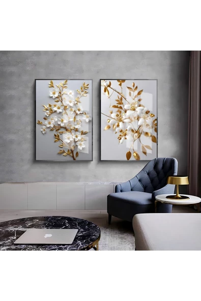 Harikabirev HARİKABİREV|BEYAZ-GOLD DESENLİ ÇİÇEK KOMBİNİ 02 |ÇERÇEVELİ CAM TABLO  2Lİ DİKEY ürün görseli