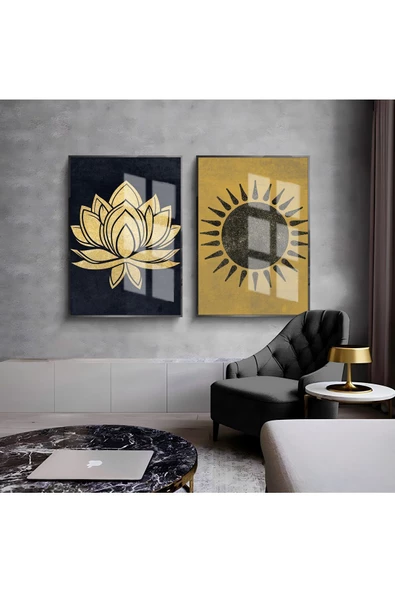Harikabirev HARİKABİREV|GOLD-SİYAH GÜNEŞ VE LOTUS ÇİÇEĞİ KOMBİNİ |ÇERÇEVELİ CAM TABLO  2Lİ DİKEY