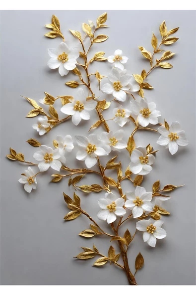 Harikabirev HARİKABİREV|BEYAZ-GOLD DESENLİ ÇİÇEK KOMBİNİ 02 |ÇERÇEVELİ CAM TABLO  2Lİ DİKEY - Resim 2