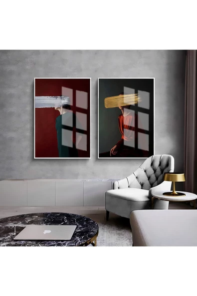 Harikabirev HARİKABİREV|KIRMIZI KADIN SOYUT KOMBİNİ 02 |ÇERÇEVELİ CAM TABLO 2Lİ DİKEY