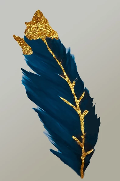 Harikabirev HARİKABİREV|LACİVERT-GOLD RENK SONSUZLUK ÇİÇEK-TÜY KOMBİNİ 1 |ÇERÇEVELİ TEMPERLİ CAM TABLO 3LÜ YATAY - Resim 3