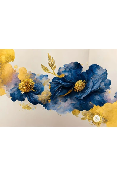 Harikabirev HARİKABİREV|LACİVERT-GOLD RENK SONSUZLUK ÇİÇEK KOMBİNİ 5 |ÇERÇEVELİ TEMPERLİ CAM TABLO 3LÜ YATAY - Resim 2