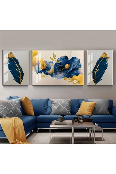 Harikabirev HARİKABİREV|LACİVERT-GOLD RENK SONSUZLUK ÇİÇEK-TÜY KOMBİNİ 1 |ÇERÇEVELİ TEMPERLİ CAM TABLO 3LÜ YATAY ürün görseli