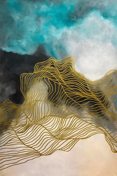 Harikabirev HARİKABİREV|TURKUAZ-GOLD SONSUZLUK ÇİÇEK-SOYUT KOMBİN|ÇERÇEVELİ TEMPERLİ CAM TABLO 3LÜ YATAY - Resim 2