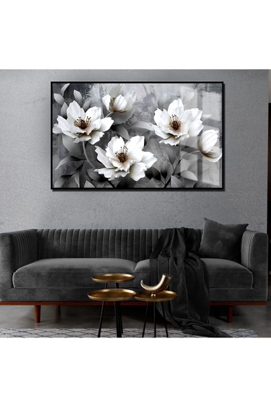 Harikabirev |antrasit Gri-beyaz-siyah Çiçek Tablosu |çerçeveli Temperli Cam Tablo Tekli Yatay ürün görseli