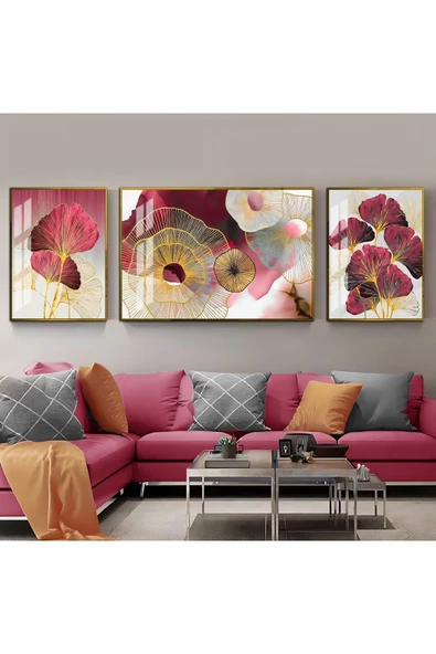 Harikabirev HARİKABİREV|PEMBE-GOLD SOYUT VE ÇİÇEK KOMBİNİ  |ÇERÇEVELİ TEMPERLİ CAM TABLO 3LÜ YATAY ürün görseli
