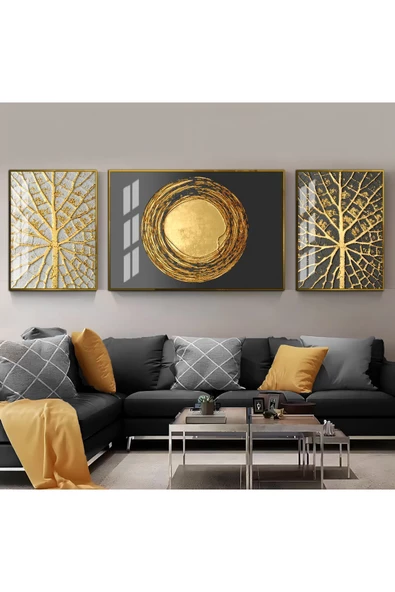 Harikabirev HARİKABİREV|GOLD-GRİ RENK SEVİLEN SOYUT KOMBİNİ 2|ÇERÇEVELİ TEMPERLİ CAM TABLO 3LÜ YATAY