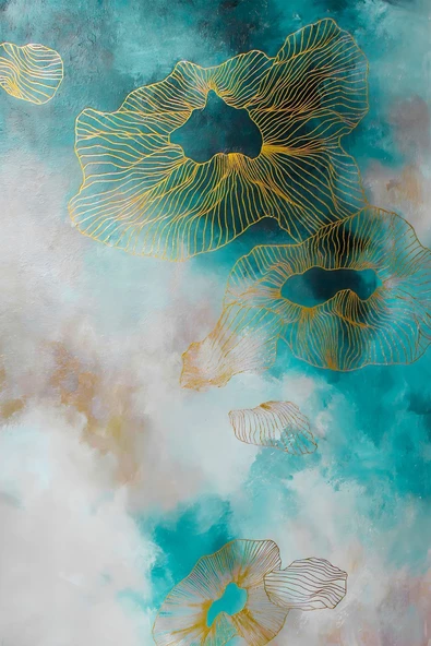 Harikabirev HARİKABİREV|TURKUAZ-GOLD SONSUZLUK ÇİÇEK-SOYUT KOMBİN|ÇERÇEVELİ TEMPERLİ CAM TABLO 3LÜ YATAY - Resim 4