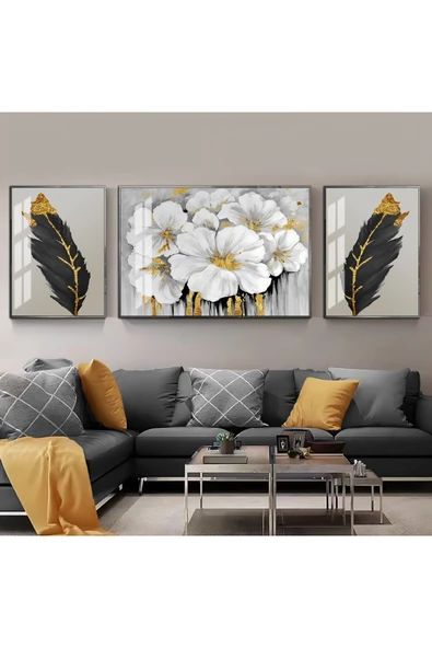 Harikabirev HARİKABİREV|GRİ- GOLD ÇİÇEK-TÜY DESEN  KOMBİNİ 3 |ÇERÇEVELİ TEMPERLİ CAM TABLO 3LÜ YATAY ürün görseli