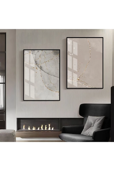 Harikabirev HARİKABİREV|GRİ-GOLD DESENLİ SOYUT KOMBİNİ 003 |ÇERÇEVELİ CAM TABLO  2Lİ DİKEY ürün görseli