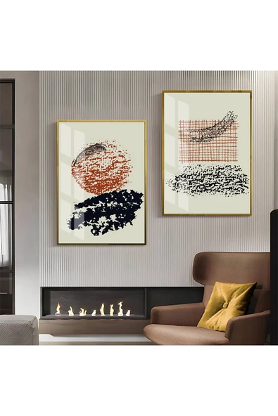 Harikabirev HARİKABİREV|KIRMIZI-SİYAH-BEJ DESENLİ SOYUT KOMBİNİ 1 |ÇERÇEVELİ CAM TABLO  2Lİ DİKEY ürün görseli
