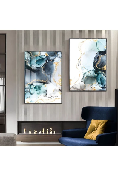 Harikabirev HARİKABİREV|MAVİ-GOLD LUXURY DESENLİ SOYUT KOMBİNİ 1 |ÇERÇEVELİ CAM TABLO  2Lİ DİKEY