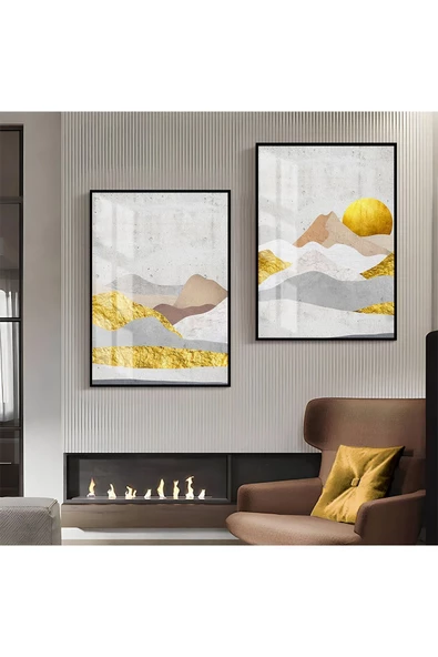 Harikabirev HARİKABİREV|GOLD-BEYAZ DAĞ DESEN SOYUT KOMBİNİ 02 |ÇERÇEVELİ CAM TABLO  2Lİ DİKEY ürün görseli