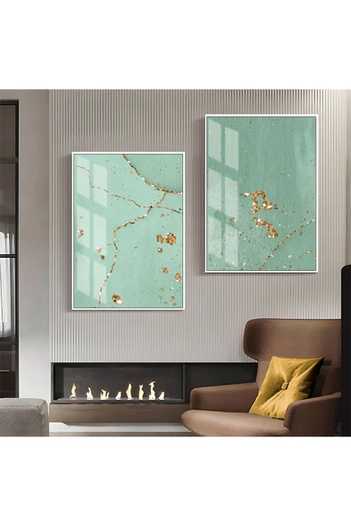 Harikabirev HARİKABİREV|SU YEŞİLİ-GOLD DESENLİ SOYUT KOMBİNİ 1 |ÇERÇEVELİ CAM TABLO 2Lİ DİKEY