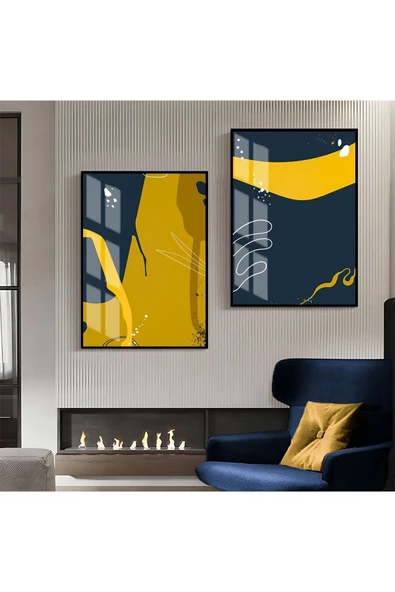 Harikabirev HARİKABİREV|MAVİ-SARI DESENLİ SOYUT KOMBİNİ 1 |ÇERÇEVELİ CAM TABLO  2Lİ DİKEY ürün görseli
