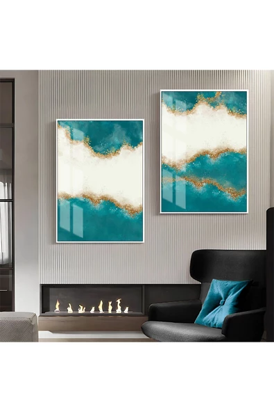 Harikabirev HARİKABİREV|TURKUAZ-GOLD LUXURY DESENLİ SOYUT KOMBİNİ 04 |ÇERÇEVELİ CAM TABLO  2Lİ DİKEY ürün görseli