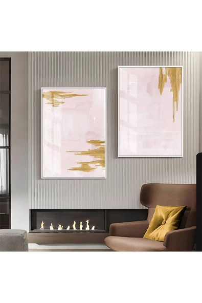 Harikabirev HARİKABİREV|PEMBE-GOLD DESENLİ SOYUT KOMBİNİ 02|ÇERÇEVELİ CAM TABLO  2Lİ DİKEY