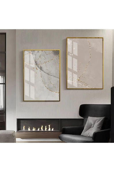 Harikabirev HARİKABİREV|GRİ-GOLD DESENLİ SOYUT KOMBİNİ 003 |ÇERÇEVELİ CAM TABLO  2Lİ DİKEY ürün görseli