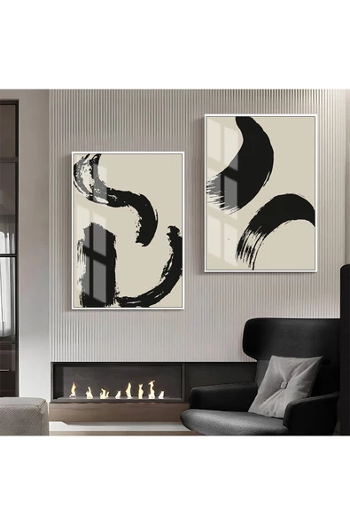 Harikabirev HARİKABİREV|SİYAH-BEJ DESENLİ SOYUT KOMBİNİ 1 |ÇERÇEVELİ CAM TABLO  2Lİ DİKEY ürün görseli