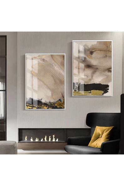 Harikabirev HARİKABİREV|KREM-SİYAH-GOLD DESENLİ SOYUT KOMBİNİ 02 |ÇERÇEVELİ CAM TABLO  2Lİ DİKEY ürün görseli