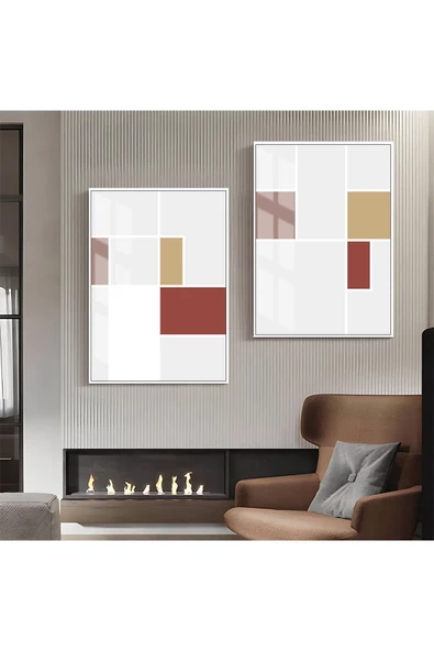 Harikabirev HARİKABİREV|GRİ-KIRMIZI DESENLİ SOYUT KOMBİNİ 01 |ÇERÇEVELİ CAM TABLO  2Lİ DİKEY ürün görseli