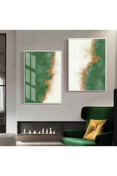 Harikabirev HARİKABİREV|YEŞİL-GOLD LUXURY DESENLİ SOYUT KOMBİNİ 03 |ÇERÇEVELİ CAM TABLO  2Lİ DİKEY ürün görseli