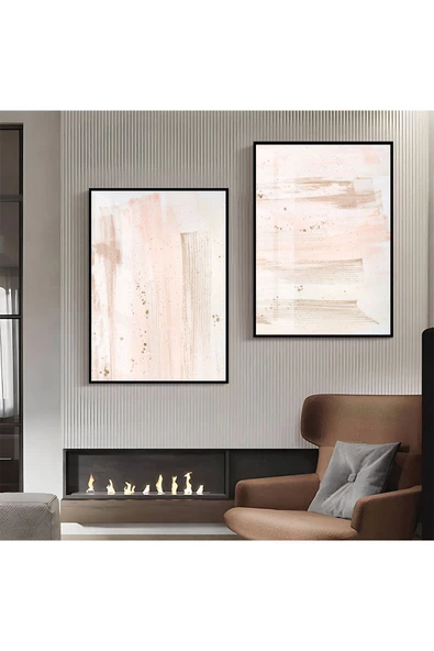 Harikabirev HARİKABİREV|PEMBE-SARI DESENLİ SOYUT KOMBİNİ 03|ÇERÇEVELİ CAM TABLO  2Lİ DİKEY ürün görseli