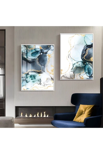 Harikabirev HARİKABİREV|MAVİ-GOLD LUXURY DESENLİ SOYUT KOMBİNİ 1 |ÇERÇEVELİ CAM TABLO  2Lİ DİKEY