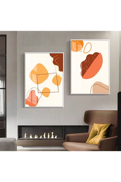 Harikabirev HARİKABİREV|SARI-TURUNCU-BEYAZ DESENLİ SOYUT KOMBİNİ 1|ÇERÇEVELİ CAM TABLO  2Lİ DİKEY ürün görseli