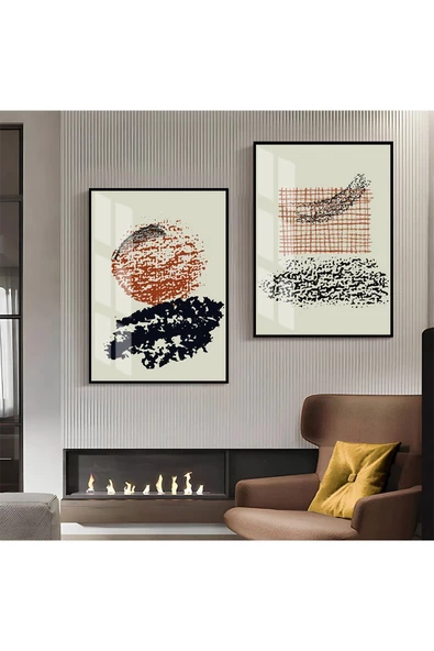 Harikabirev HARİKABİREV|KIRMIZI-SİYAH-BEJ DESENLİ SOYUT KOMBİNİ 1 |ÇERÇEVELİ CAM TABLO  2Lİ DİKEY ürün görseli