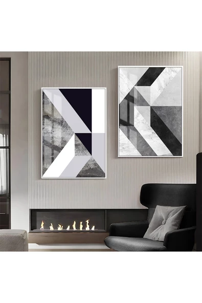 Harikabirev HARİKABİREV|SİYAH-BEYAZ SOYUT KOMBİNİ 1 |ÇERÇEVELİ CAM TABLO 2Lİ DİKEY