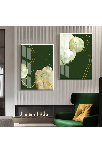 Harikabirev HARİKABİREV|YEŞİL-KAHVERENGİ-GOLD DESENLİ SOYUT KOMBİNİ 02|ÇERÇEVELİ CAM TABLO 2Lİ DİKEY
